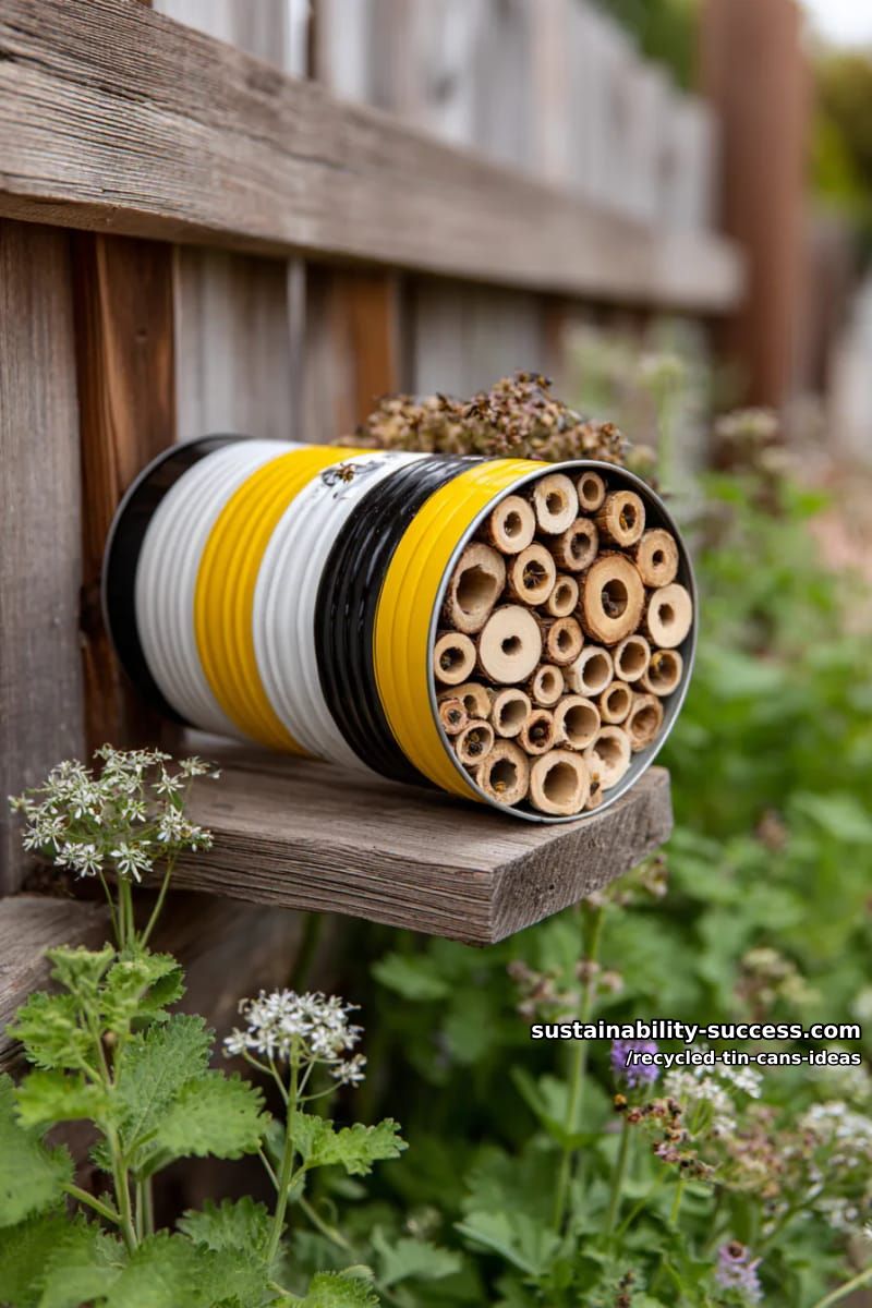 15 Superb Ideas to Upcycle Tin Cans 27 tin can bee hotel painted with bright stripes and bamboo inserts 1