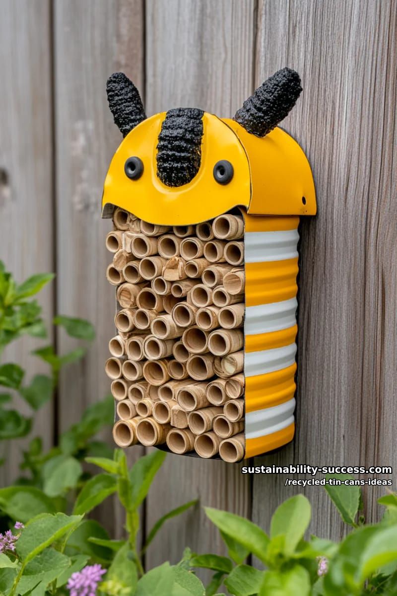 15 Superb Ideas to Upcycle Tin Cans 28 tin can bee hotel painted with bright stripes and bamboo inserts 1