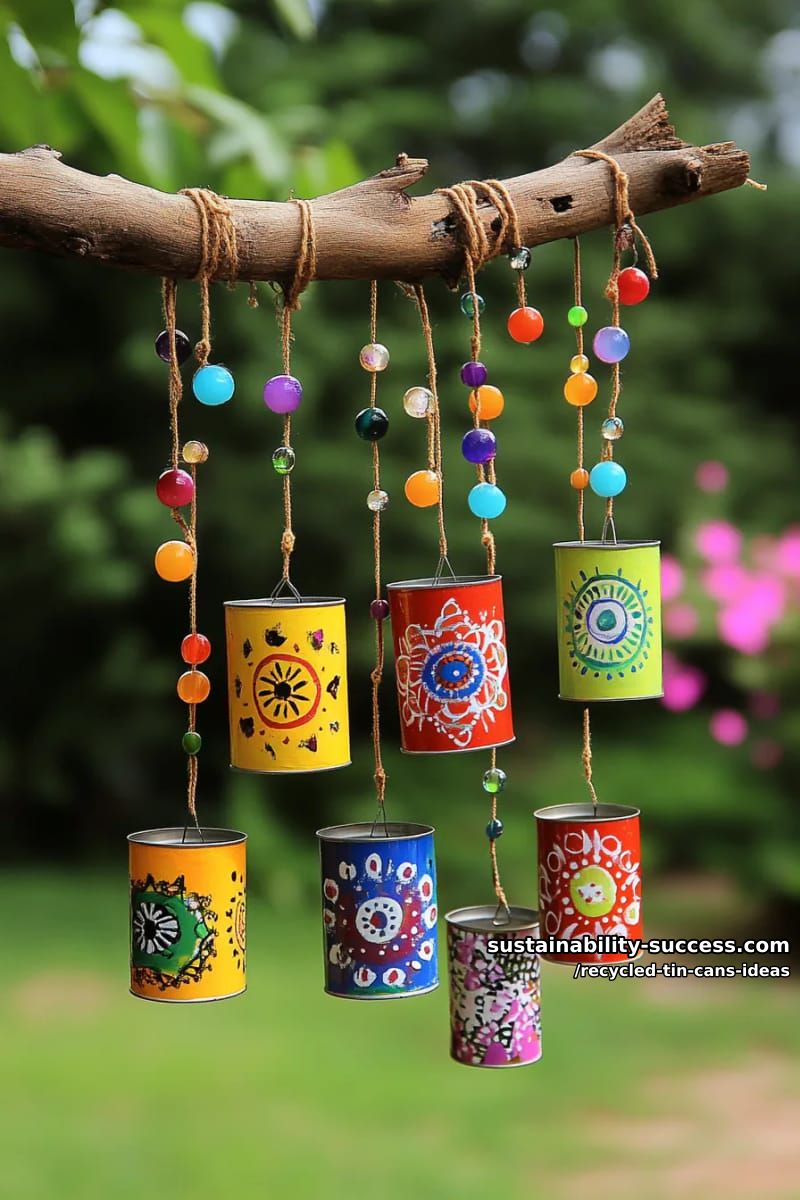 15 Superb Ideas to Upcycle Tin Cans 17 tin can wind chimes with beaded strings and painted mandala motifs 1