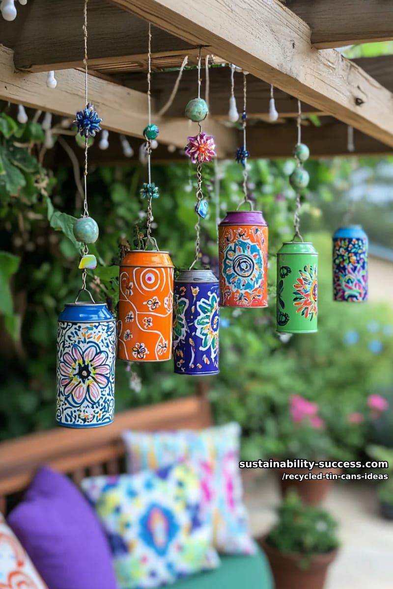 15 Superb Ideas to Upcycle Tin Cans 18 tin can wind chimes with beaded strings and painted mandala motifs 1