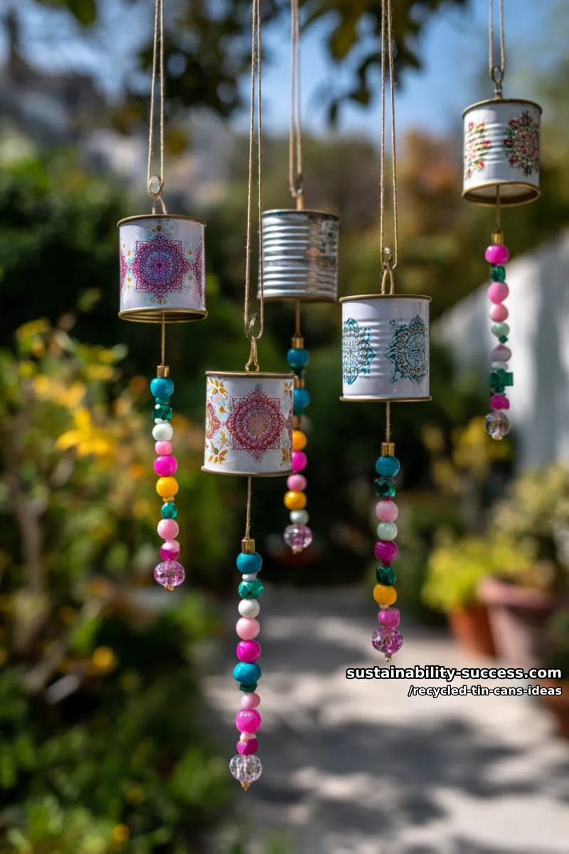 15 Superb Ideas to Upcycle Tin Cans 19 tin can wind chimes with beaded strings and painted mandala motifs 1