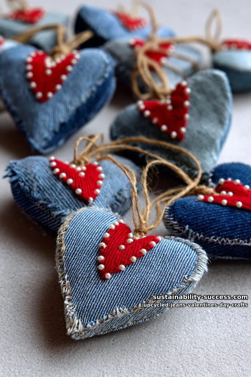 15 Creative Upcycled Jeans Valentine’s Day Crafts 15 tiny upcycled jeans heart ornaments with stitched red felt accents and pearls 1