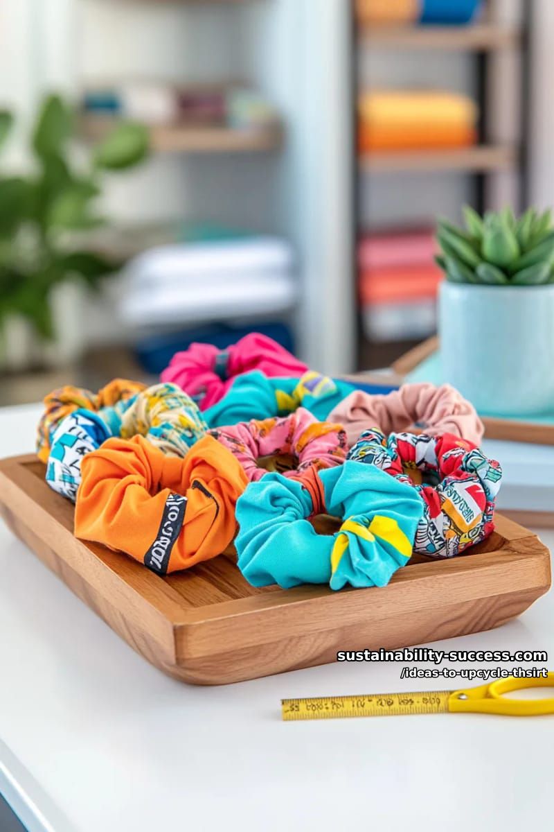 15 Slick Ideas to Upcycle T-Shirts for Your Chic Collection 9 transform sleeves into scrunchies with visible logo or graphic pieces. 1