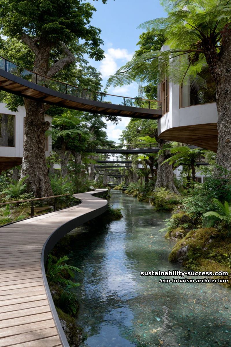 treehouse cityscapes interconnected by transparent elevated walkways above rivers 1