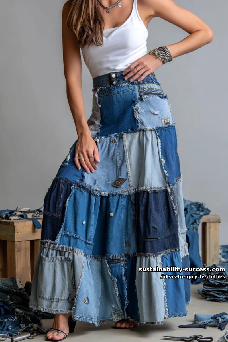 15 Fresh Upcycled Clothing Ideas to Try This Season 7 turn old jeans into a patchwork tiered floor-length skirt with raw edges. 1