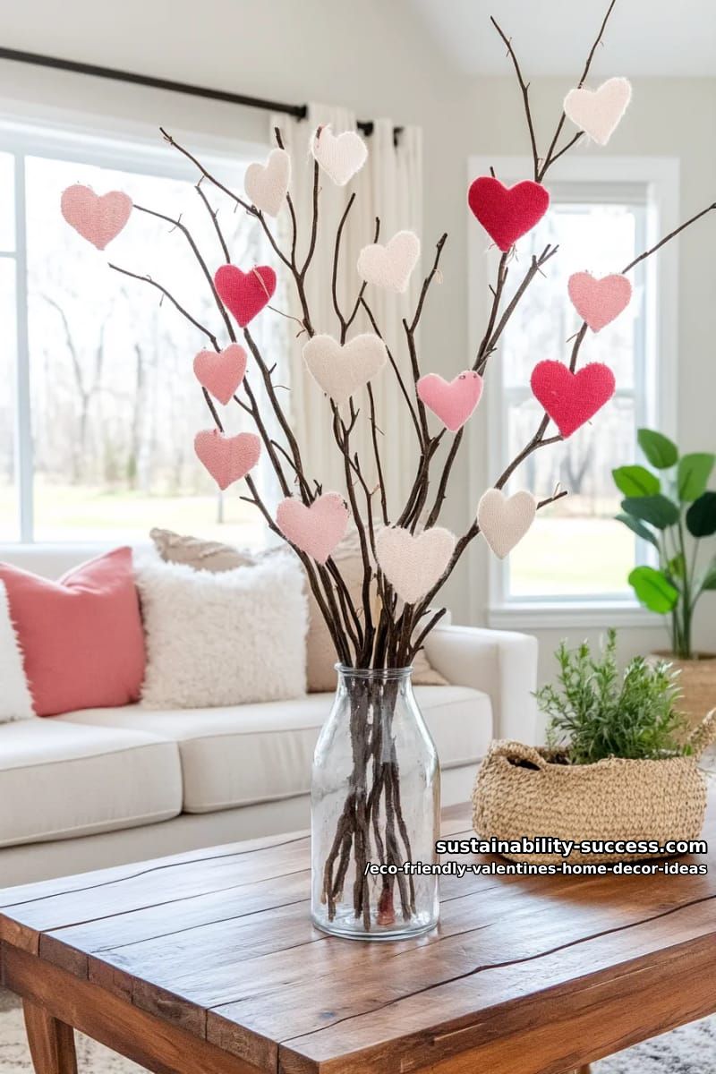 twigs in a vase adorned with fabric scrap hearts and natural twine 1