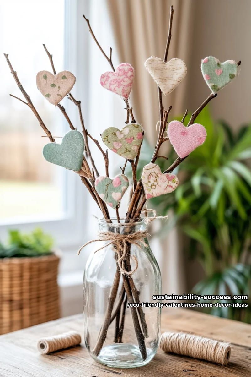 twigs in a vase adorned with fabric scrap hearts and natural twine 1