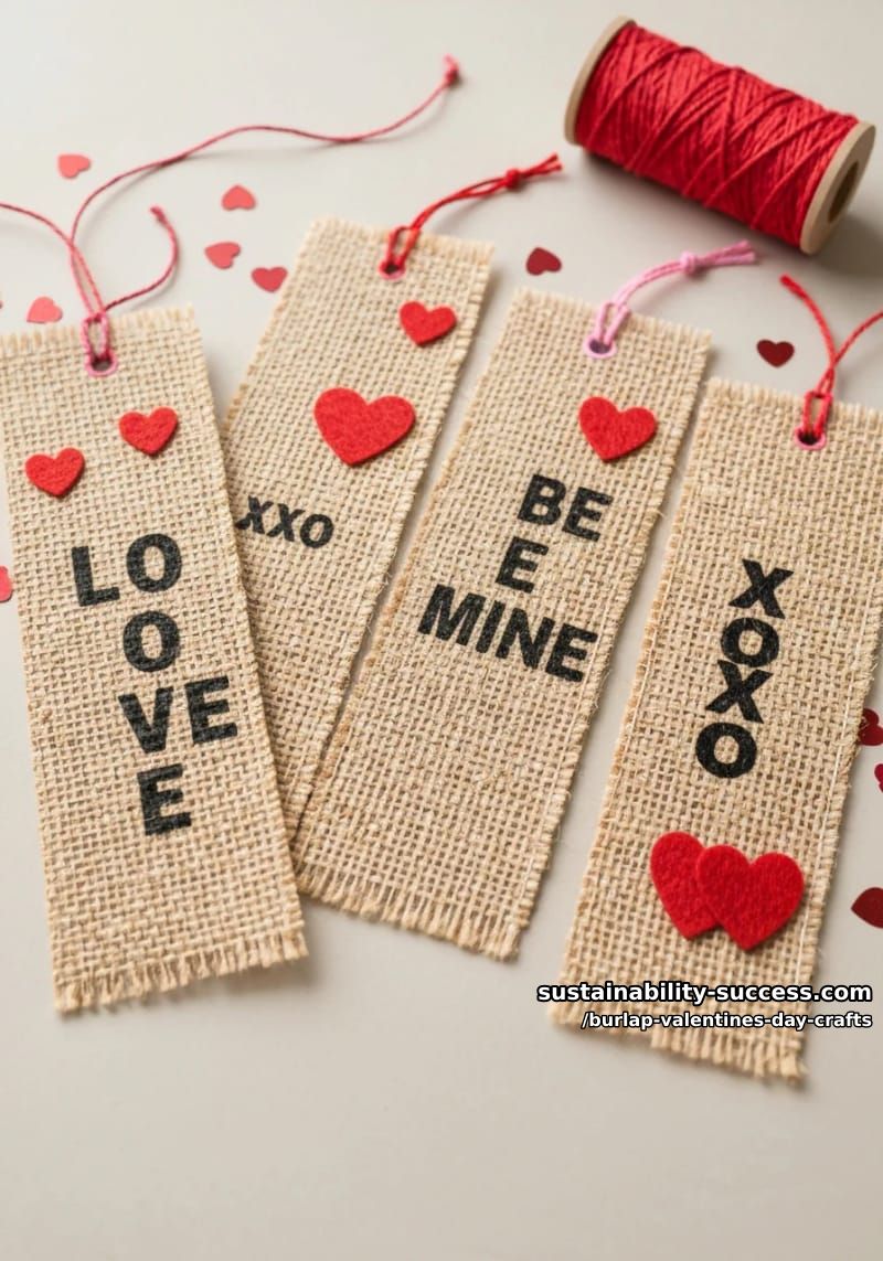upcycled burlap valentine bookmarks featuring stamped messages 1