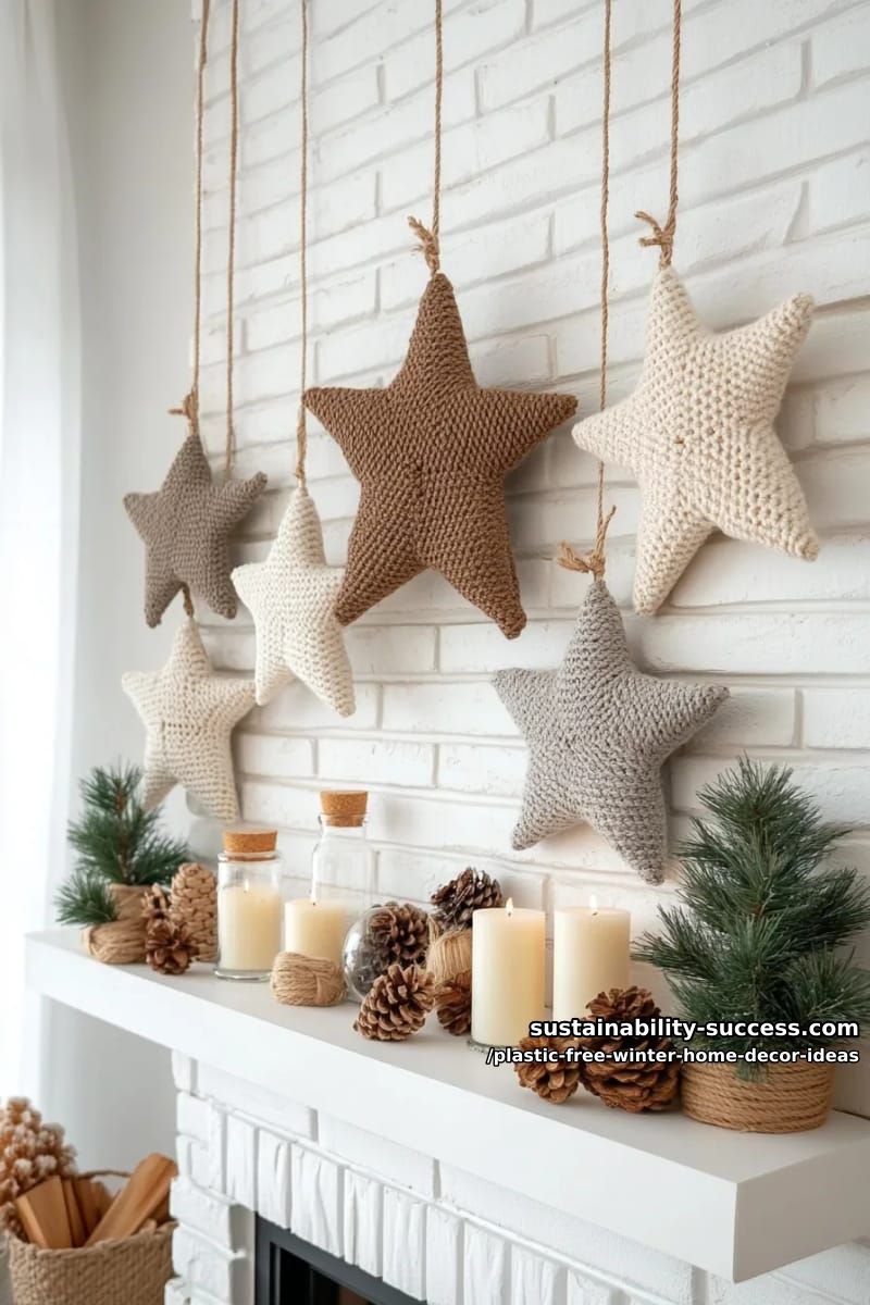 upcycled cardboard stars wrapped in chunky yarn and hung above the mantel. 1