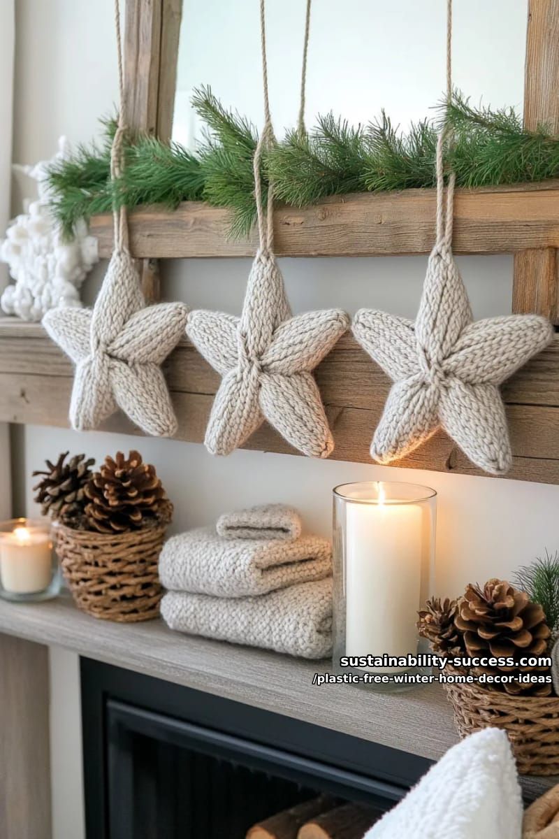upcycled cardboard stars wrapped in chunky yarn and hung above the mantel. 1