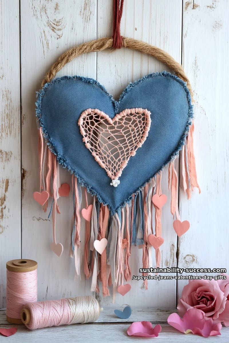 upcycled denim heart dreamcatcher with pink yarn and wooden beads 1