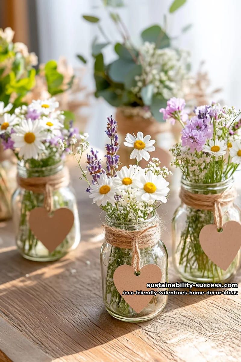 upcycled glass jars filled with wildflowers and recycled paper heart tags 1