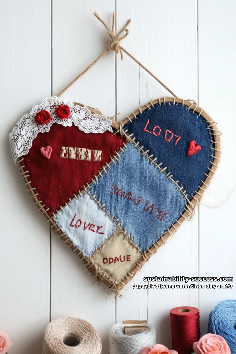 15 Creative Upcycled Jeans Valentine’s Day Crafts 6 upcycled jeans fabric heart-shaped wall hanging with hand-embroidered love words 1
