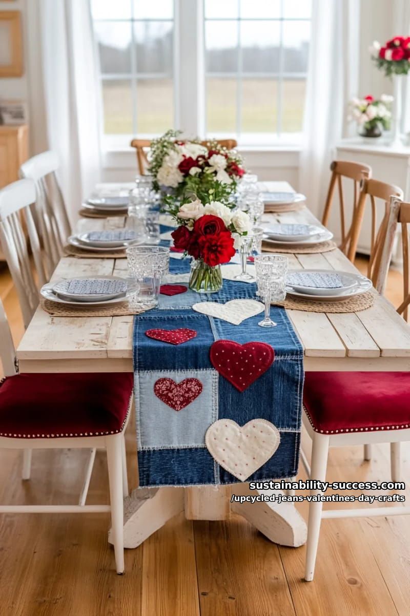 15 Creative Upcycled Jeans Valentine’s Day Crafts 18 upcycled jeans patch table runner with contrasting red and white heart appliqués 1