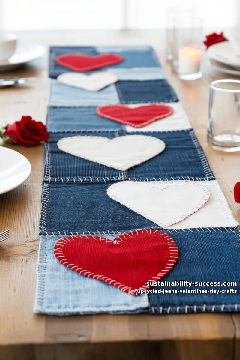 15 Creative Upcycled Jeans Valentine’s Day Crafts 19 upcycled jeans patch table runner with contrasting red and white heart appliqués 1