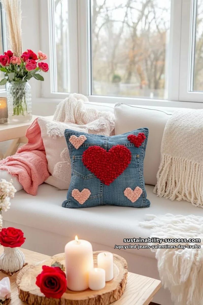 15 Creative Upcycled Jeans Valentine’s Day Crafts 25 upcycled jeans patchwork throw pillow with layered heart shapes and beaded details 1