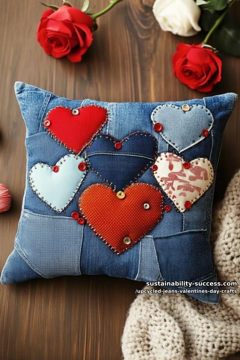 upcycled jeans patchwork throw pillow with layered heart shapes and beaded details 25