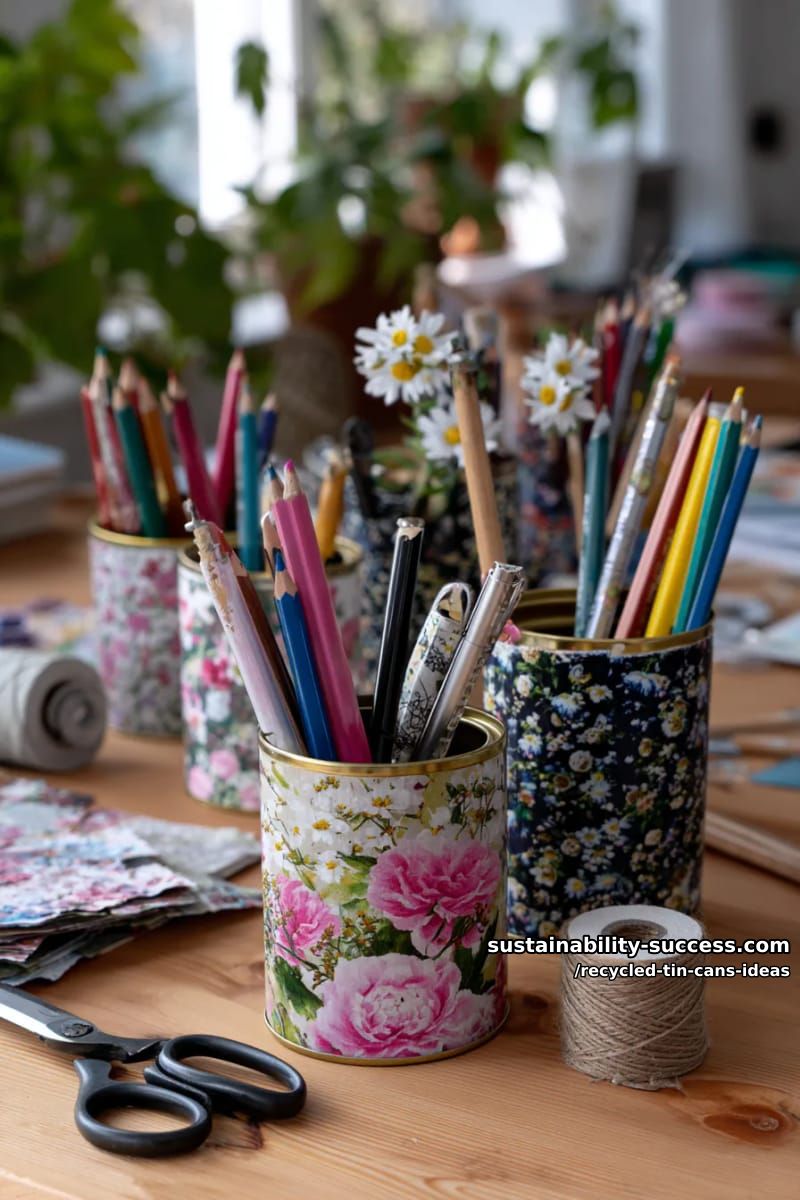 15 Superb Ideas to Upcycle Tin Cans 11 upcycled tin can pencil holders with vintage floral collage designs 1