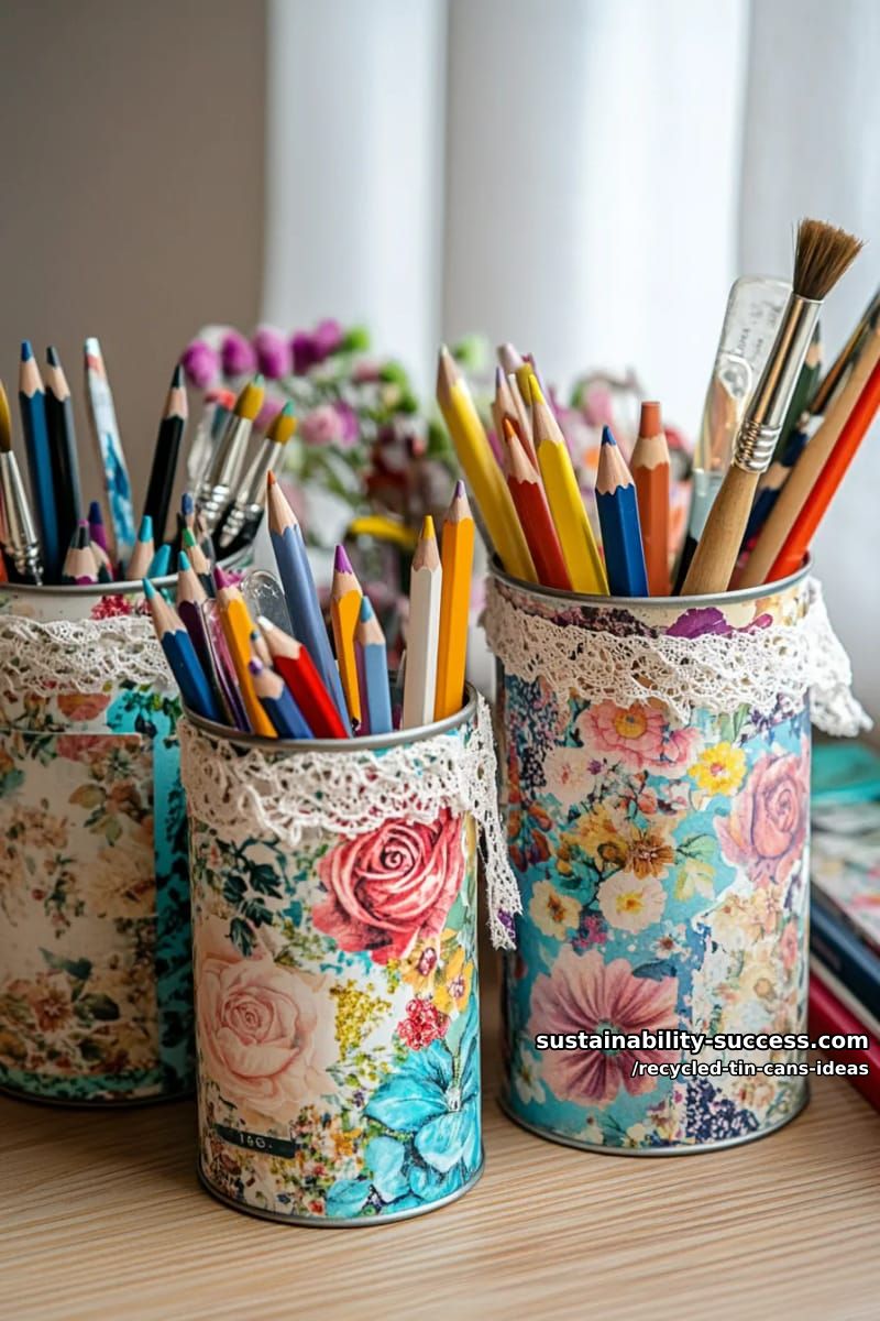 15 Superb Ideas to Upcycle Tin Cans 9 upcycled tin can pencil holders with vintage floral collage designs 1