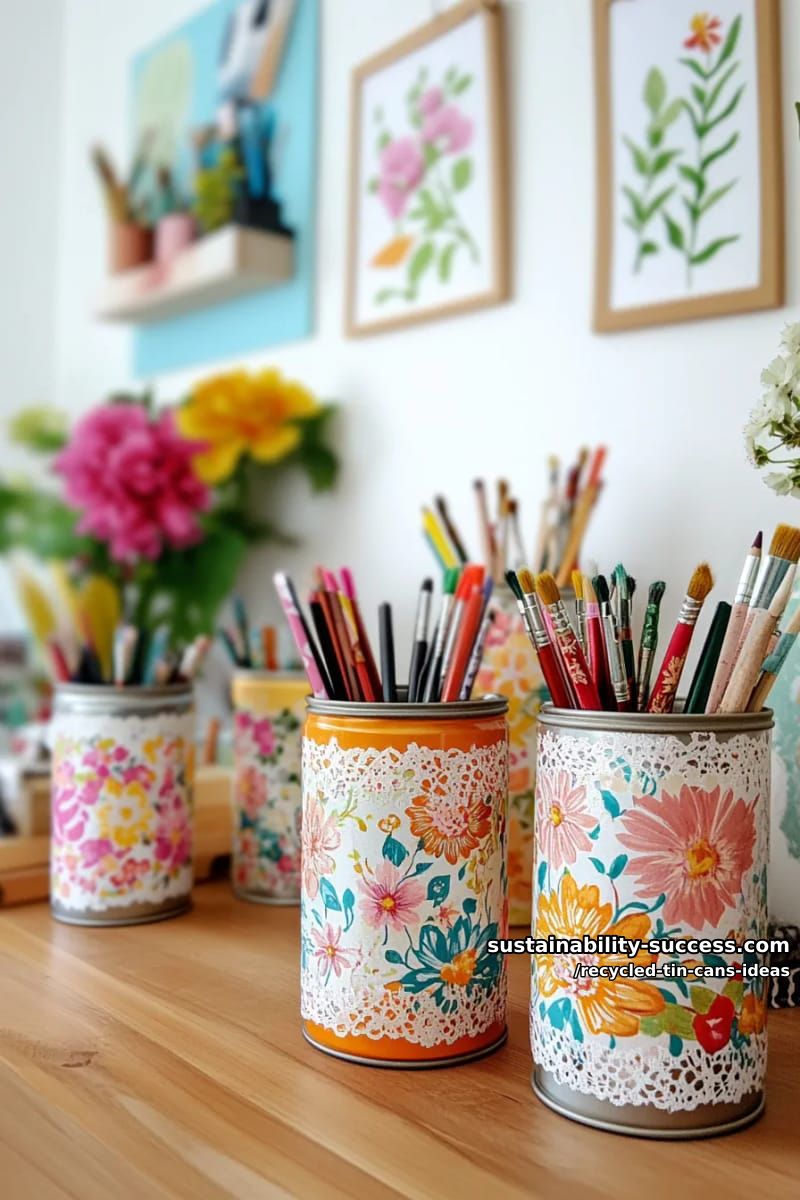 15 Superb Ideas to Upcycle Tin Cans 10 upcycled tin can pencil holders with vintage floral collage designs 1