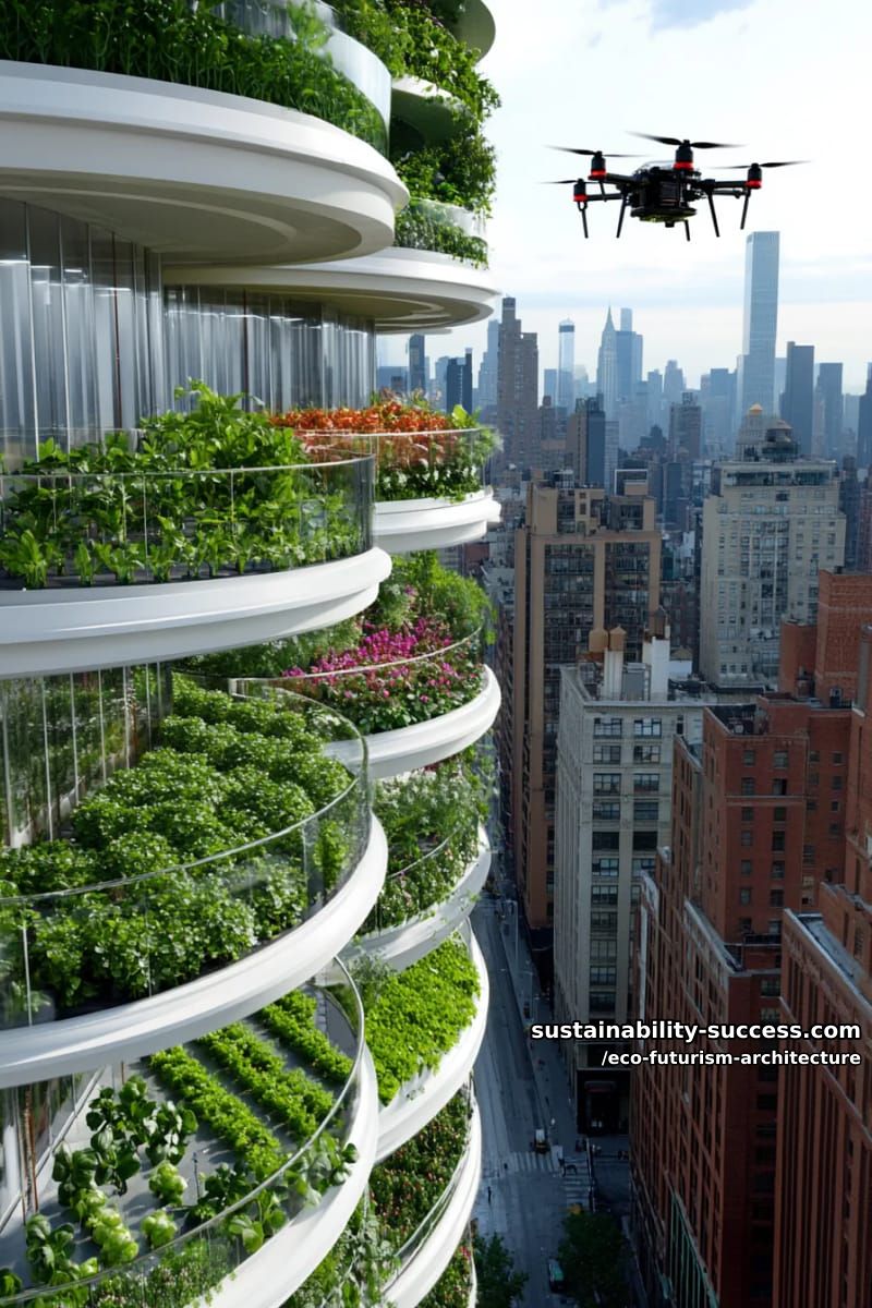 urban farms spiraling up inside translucent towers with drone-pollinated orchards 1