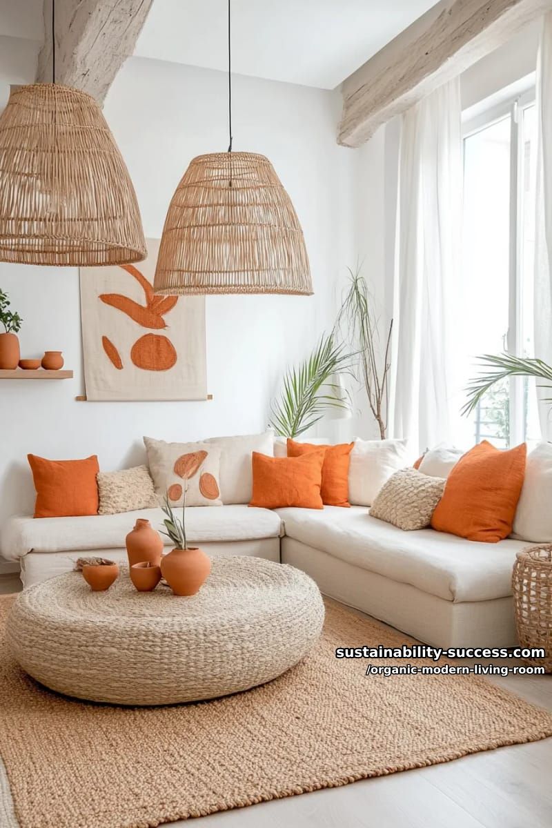 15 Organic Modern Living Room Designs for an Elegant Contemporary Feel 27 use woven pendant lights over a round modular sectional and terra cotta pillows 1