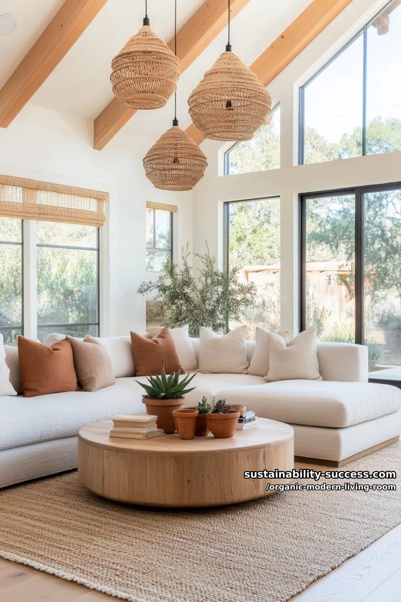 15 Organic Modern Living Room Designs for an Elegant Contemporary Feel 28 use woven pendant lights over a round modular sectional and terra cotta pillows 1
