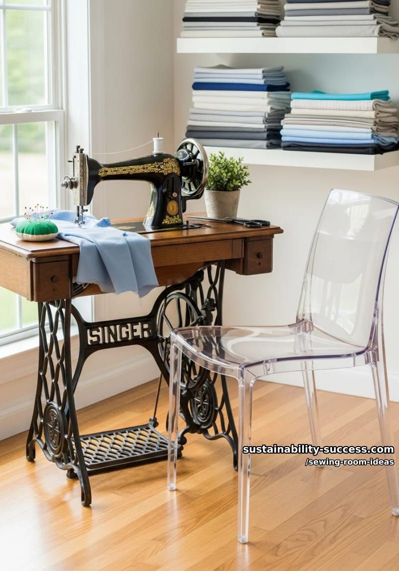 15 Zesty Sewing Room Ideas to Jazz Up Your Space! 9 vintage sewing machine table paired with a modern acrylic chair. 1