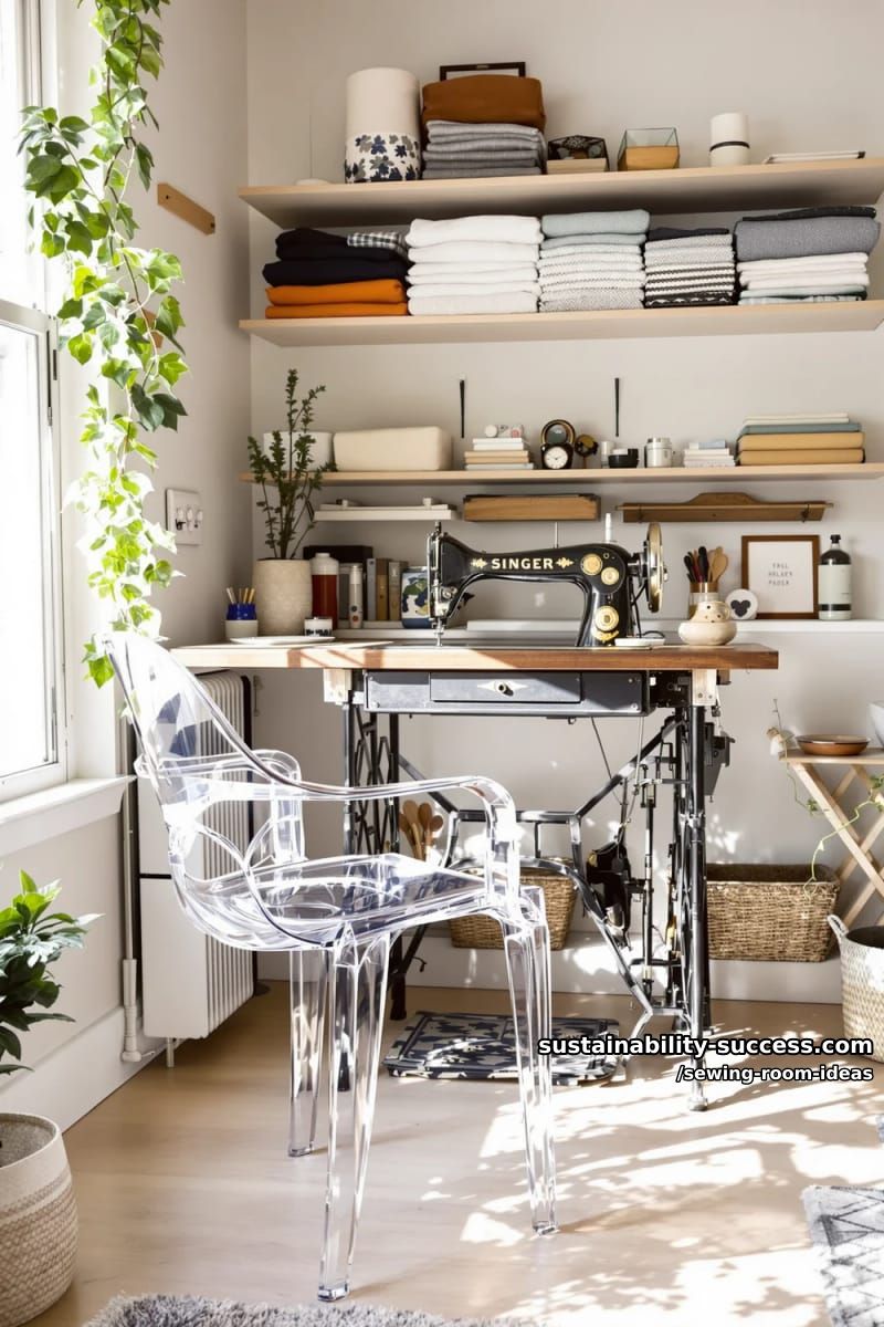 15 Zesty Sewing Room Ideas to Jazz Up Your Space! 10 vintage sewing machine table paired with a modern acrylic chair. 1