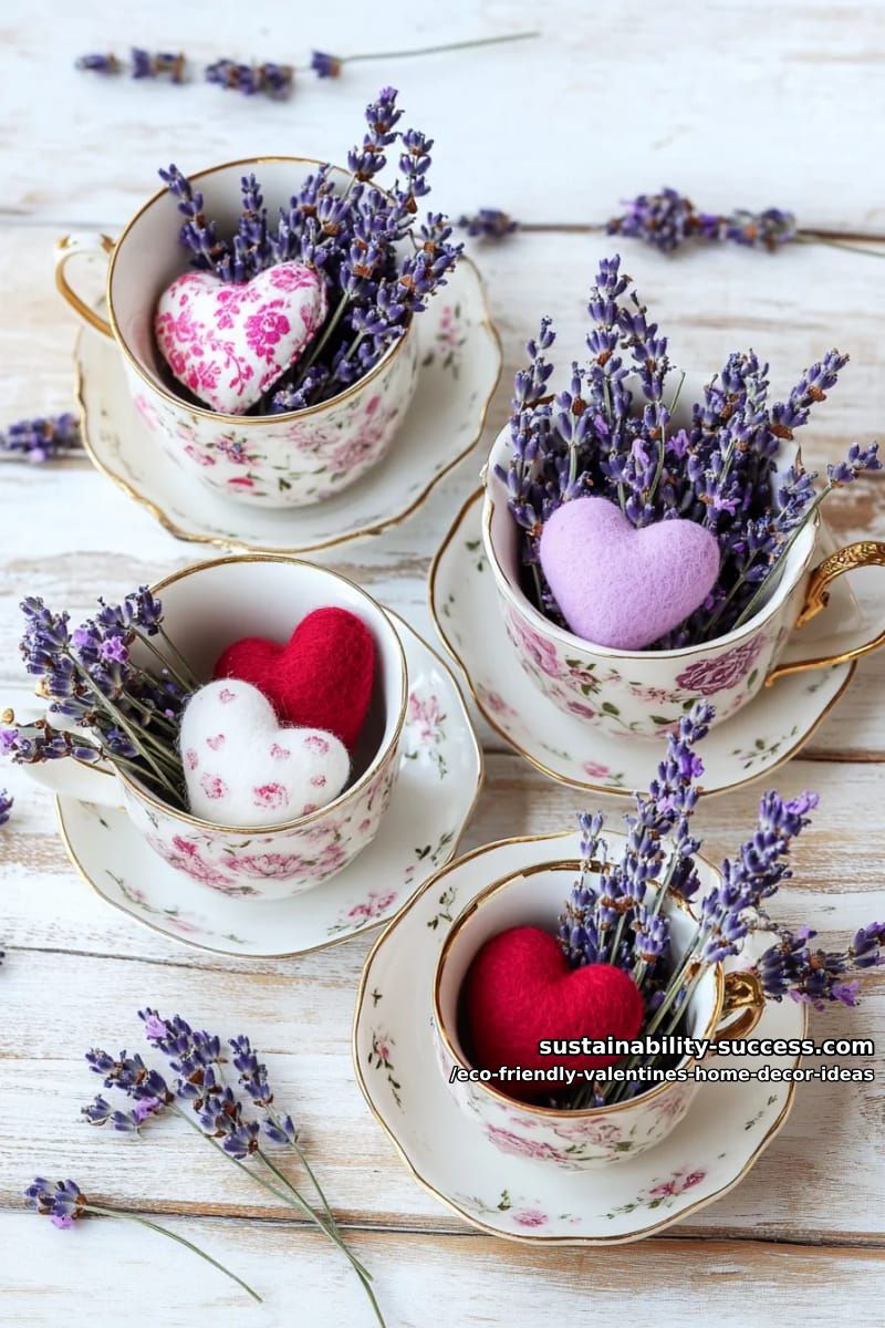 vintage teacups filled with dried lavender and tiny felt hearts 1