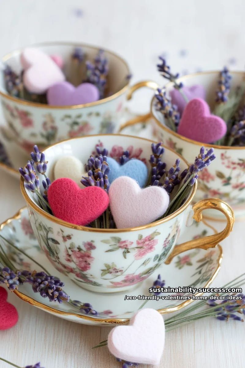 vintage teacups filled with dried lavender and tiny felt hearts 1