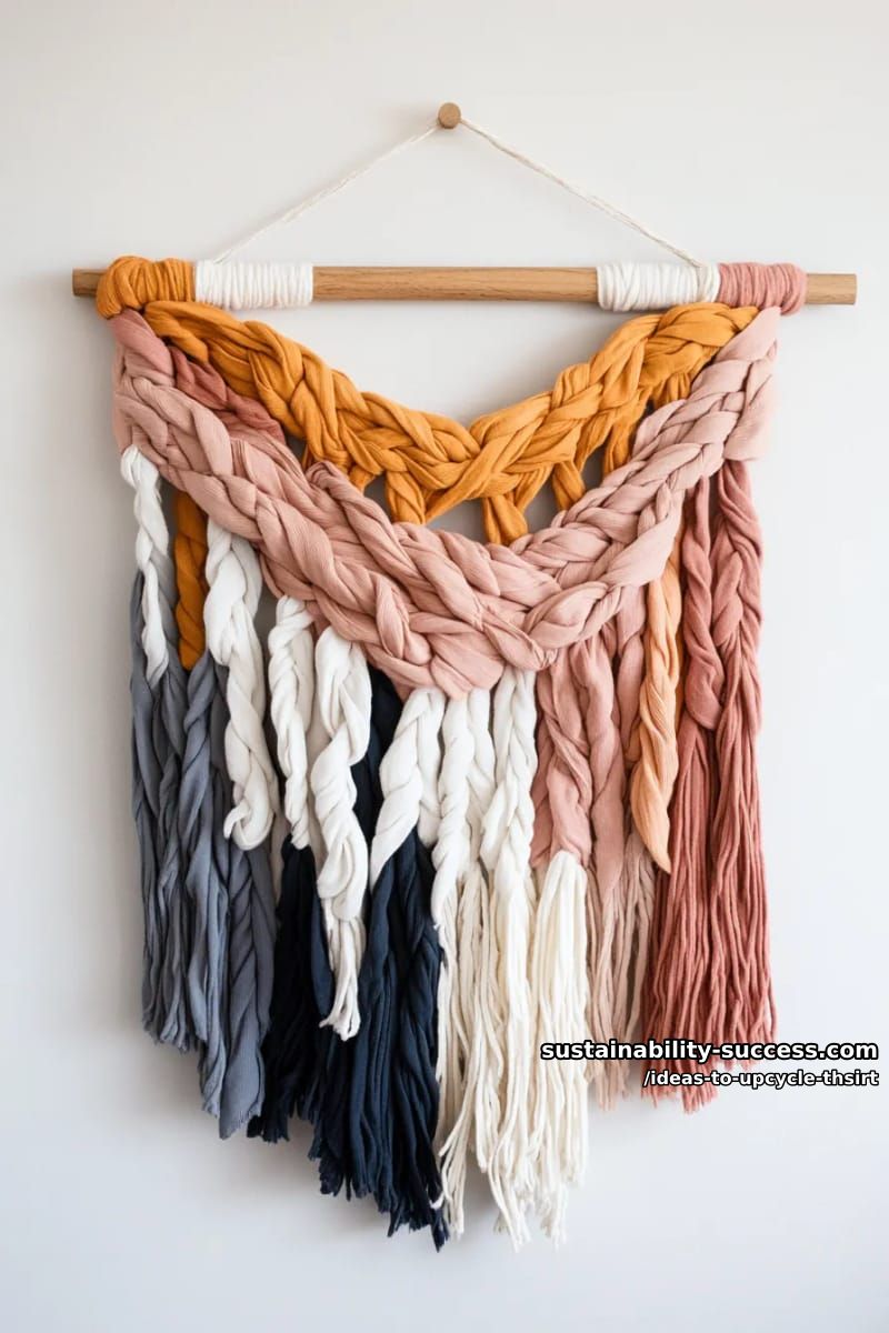 15 Slick Ideas to Upcycle T-Shirts for Your Chic Collection 11 weave t-shirt yarn into a boho-inspired wall hanging with fringe. 1
