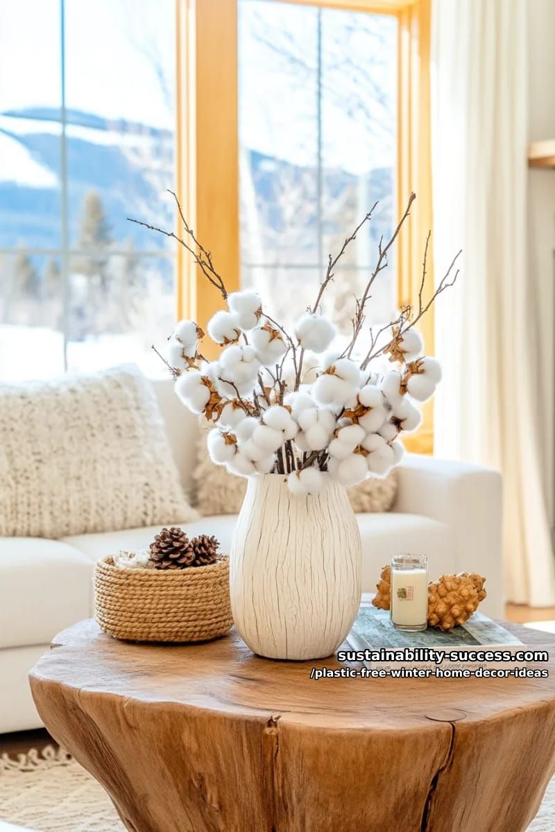 willow branch vase with cotton stems and natural pine sprigs. 1