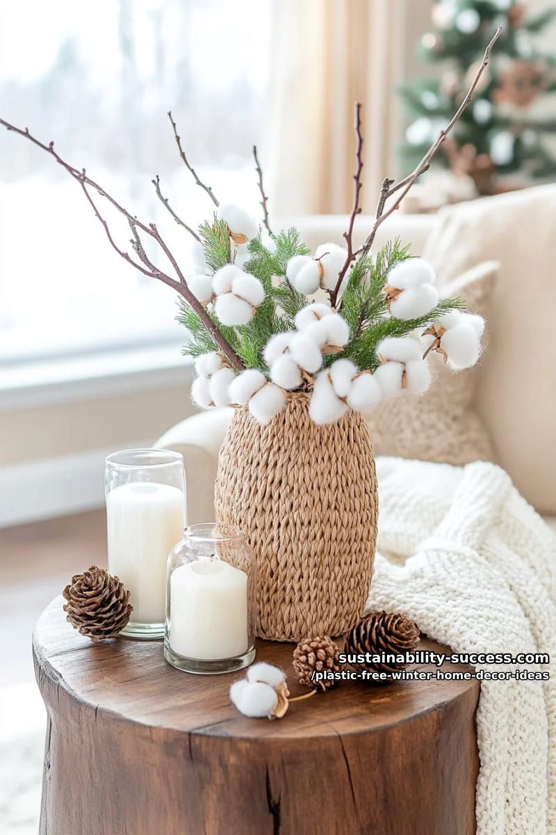 willow branch vase with cotton stems and natural pine sprigs. 1