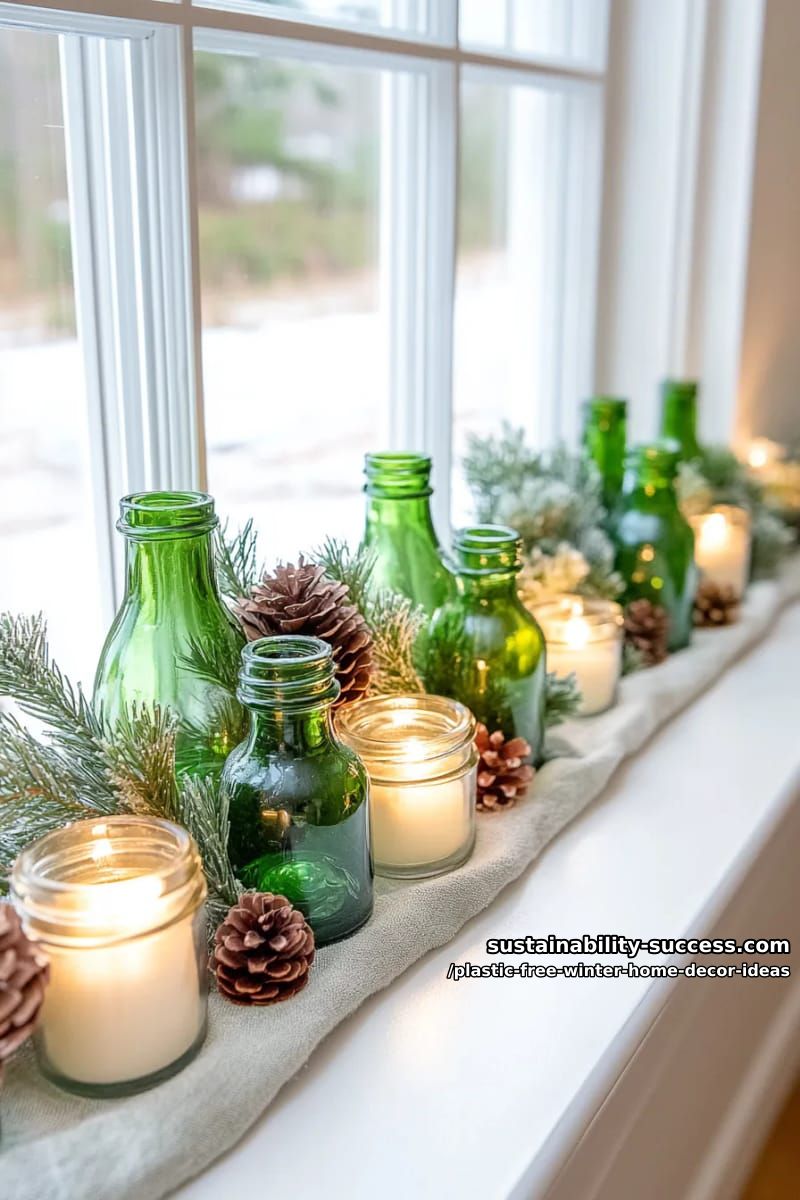 window sill display of foraged pine branches in recycled glass bottles. 1