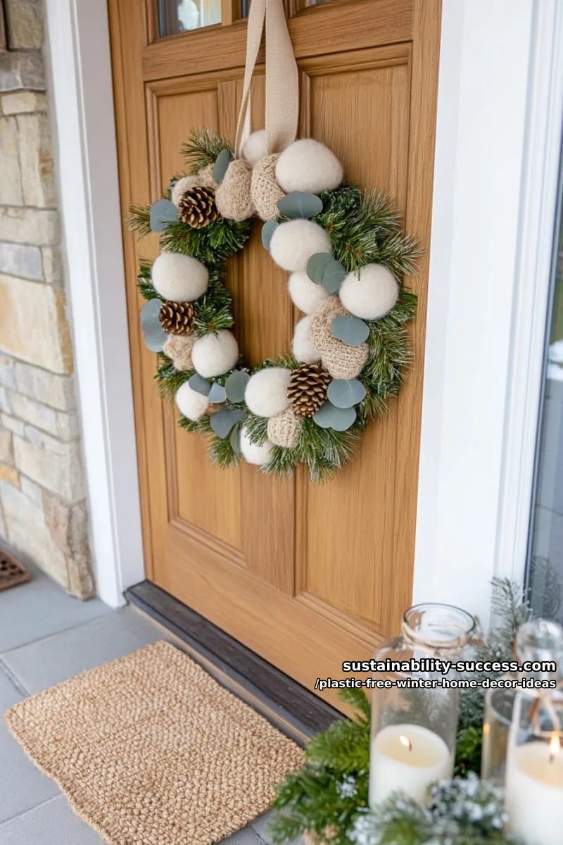 wool pompom wreath with eucalyptus sprigs and winter greenery. 1