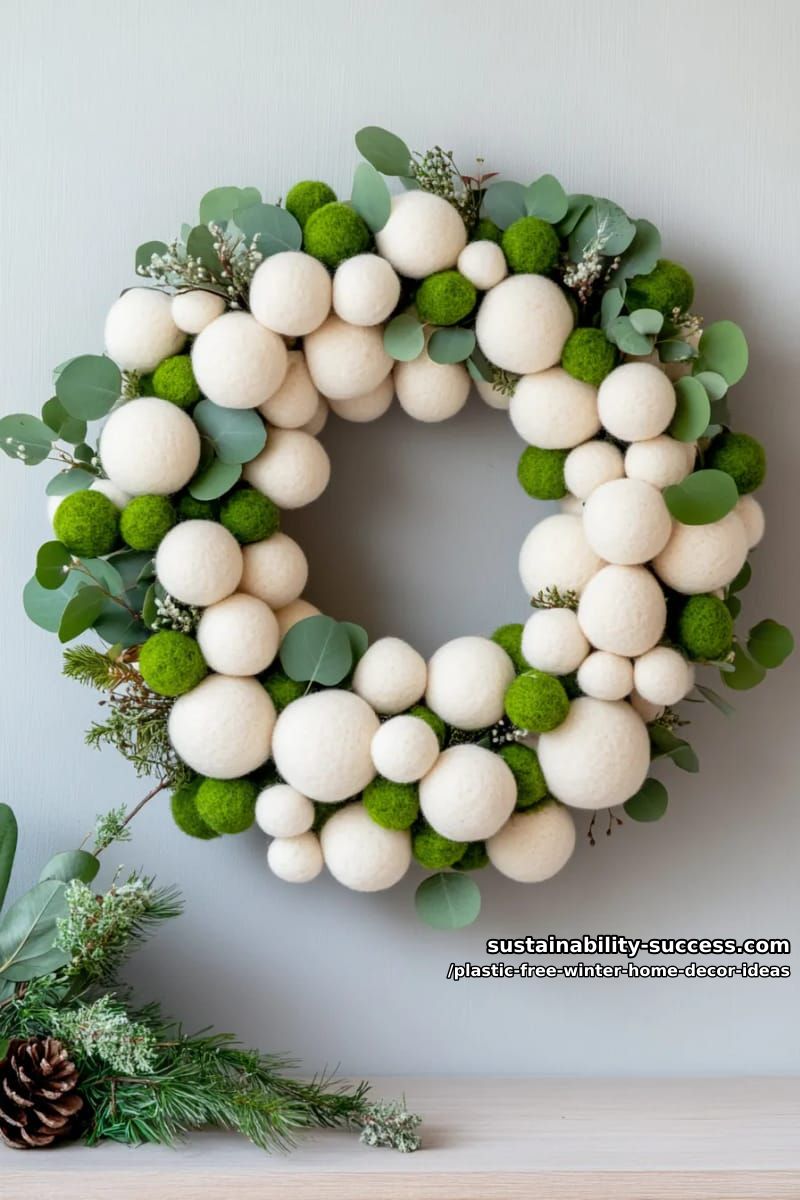 wool pompom wreath with eucalyptus sprigs and winter greenery. 1