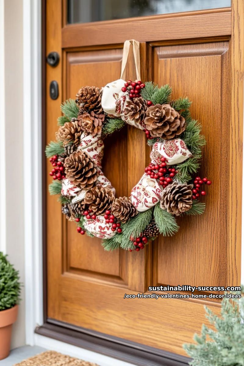 wreath made from pinecones, leftover fabric, and dried berries 1