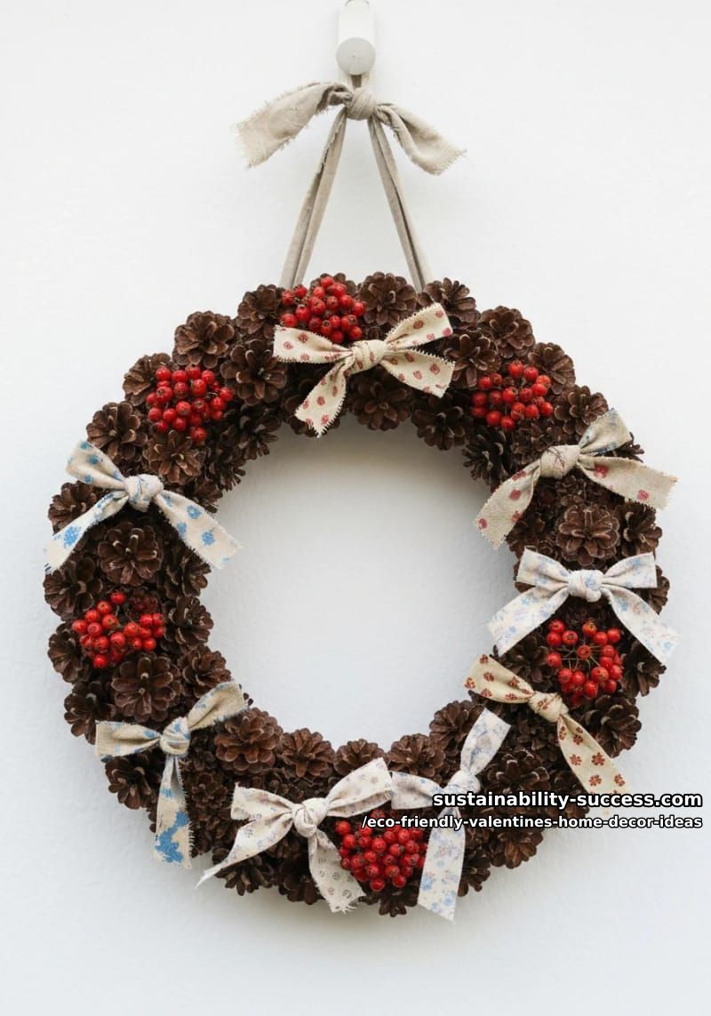 wreath made from pinecones, leftover fabric, and dried berries 1