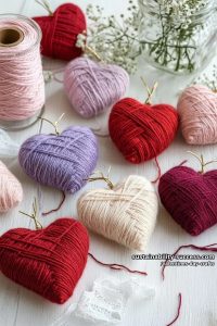 yarn-wrapped heart ornaments in shades of red, pink, and lavender 40