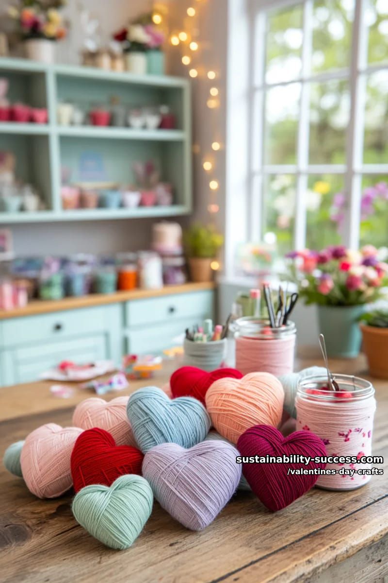 yarn-wrapped heart ornaments in shades of red, pink, and lavender 1