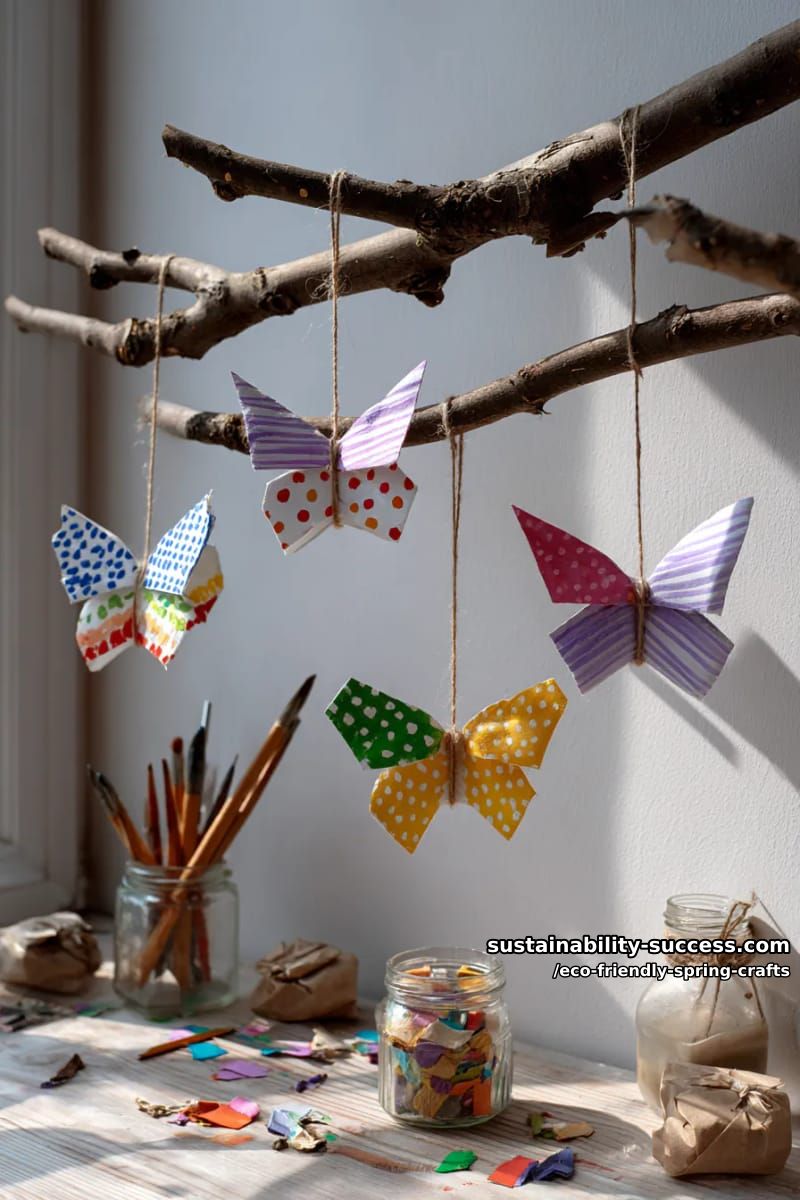 assemble butterfly mobiles from painted recycled paper and twigs 1