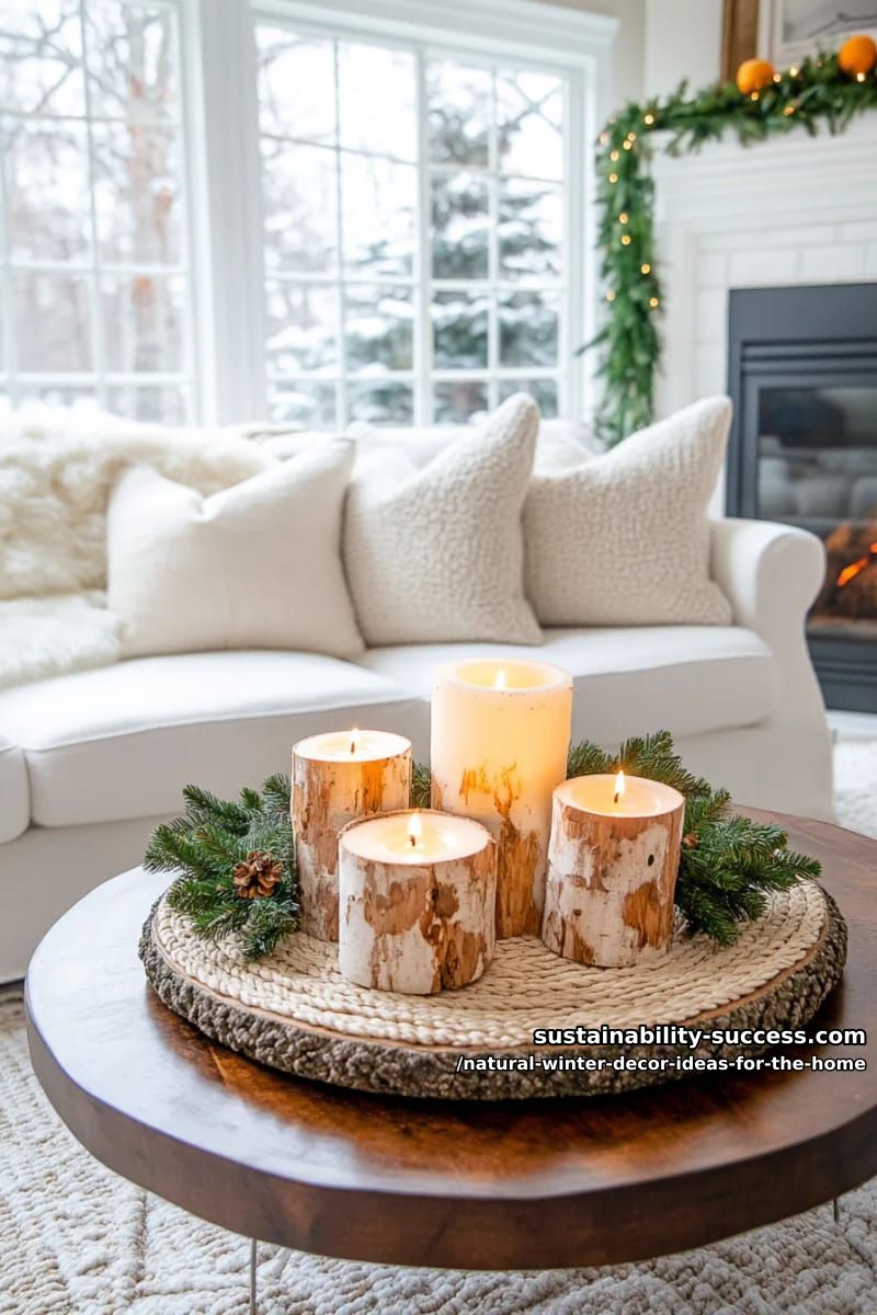 birch log candle holders clustered on a natural fiber tray 1