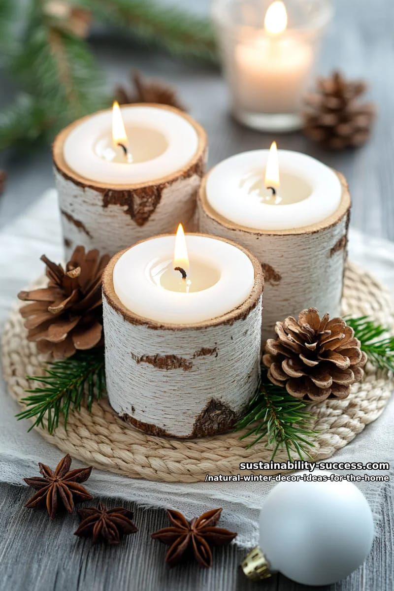birch log candle holders clustered on a natural fiber tray 1