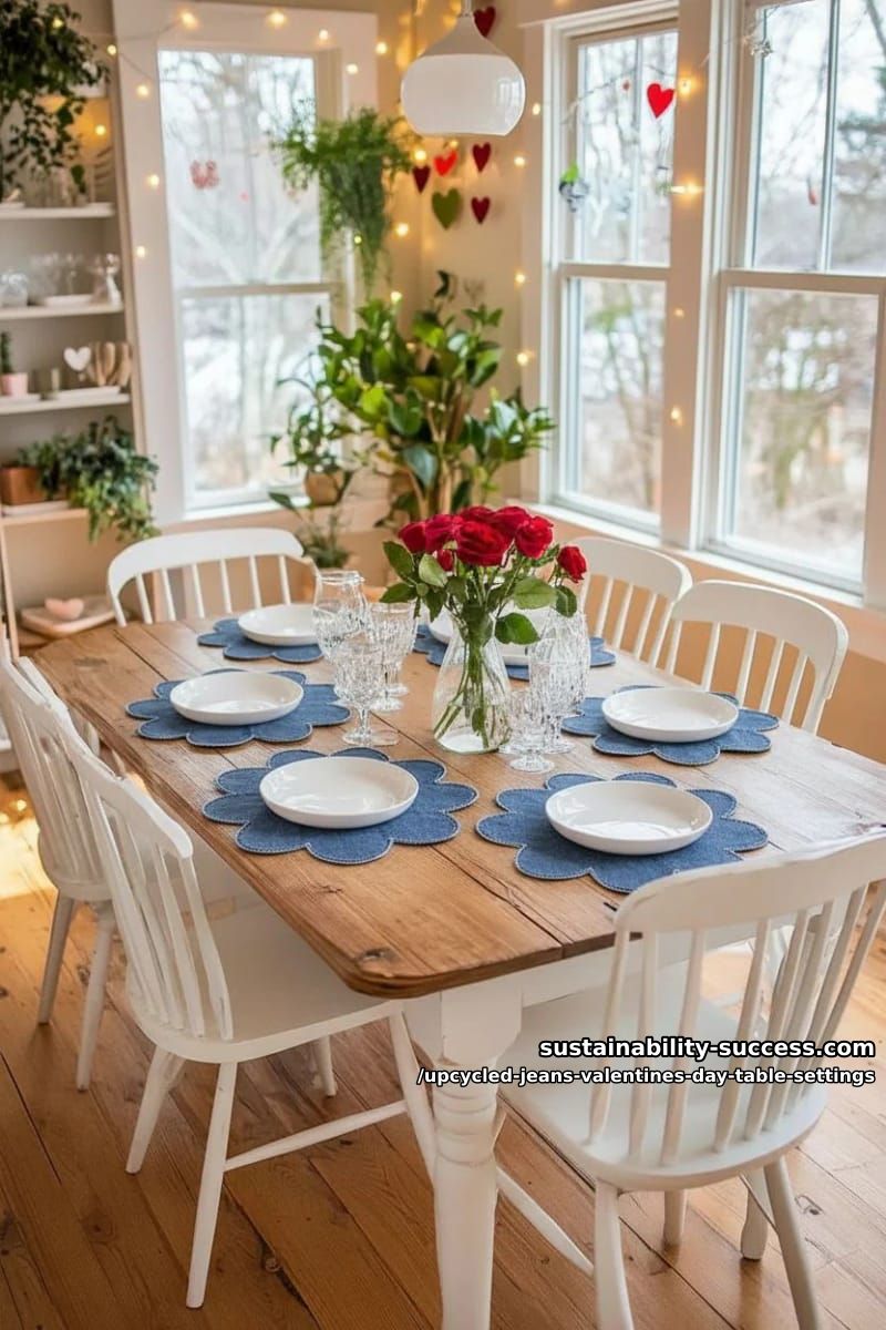 15 Trendy Upcycled Jeans Valentine Table Settings for a Romantic Vibe 7 blue jean flower-shaped placemats paired with mini red rose vases 1