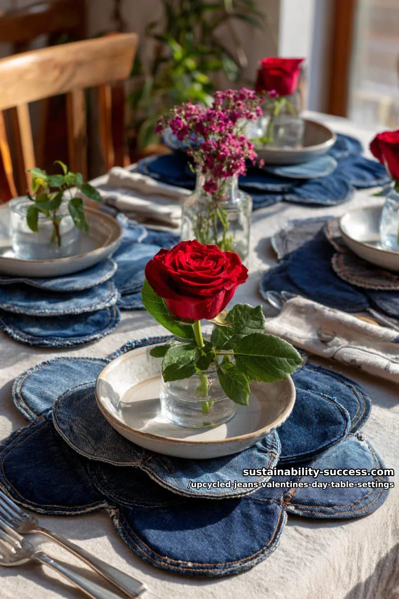 15 Trendy Upcycled Jeans Valentine Table Settings for a Romantic Vibe 8 blue jean flower-shaped placemats paired with mini red rose vases 1