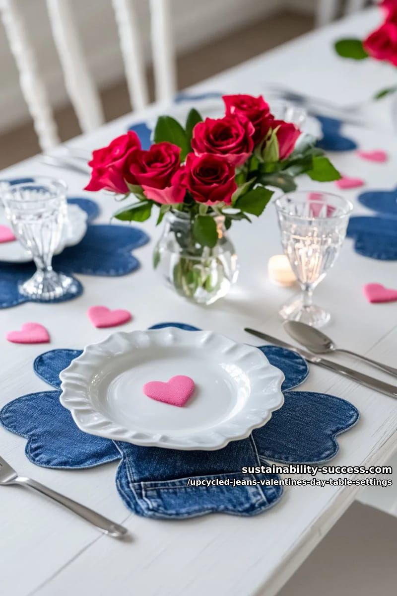 15 Trendy Upcycled Jeans Valentine Table Settings for a Romantic Vibe 9 blue jean flower-shaped placemats paired with mini red rose vases 1