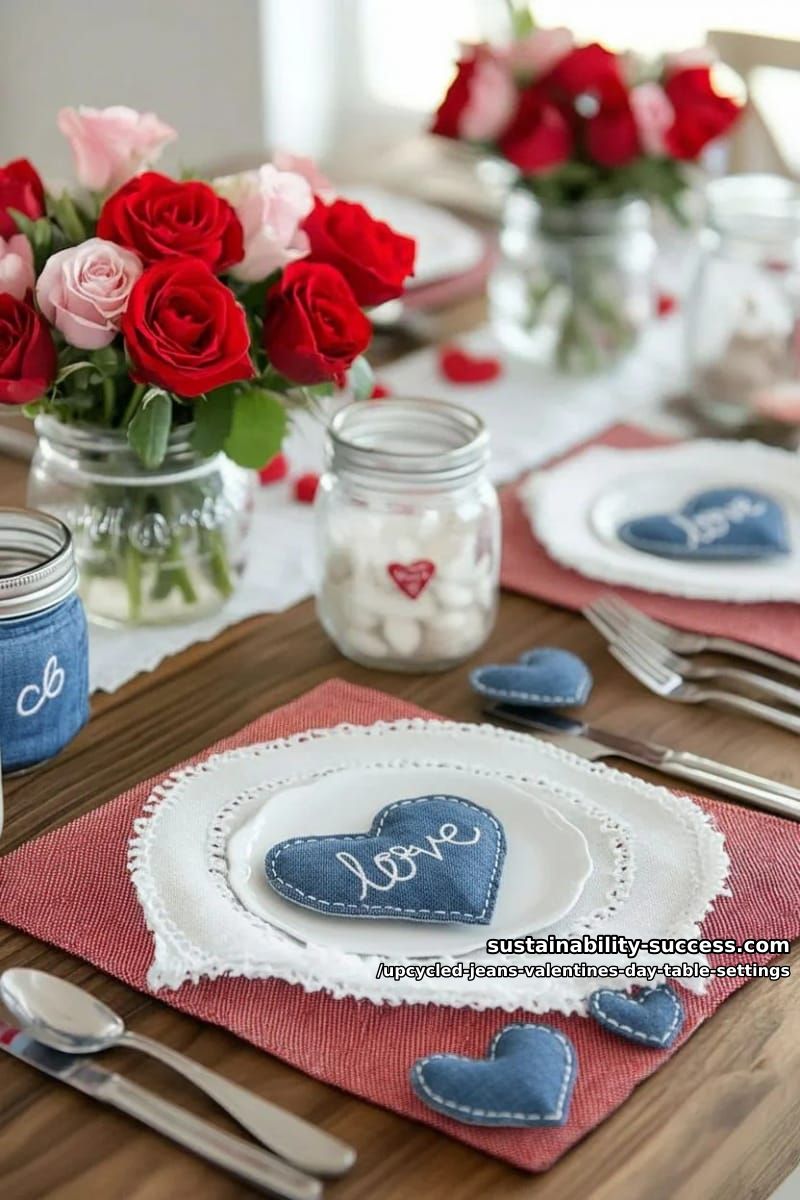 15 Trendy Upcycled Jeans Valentine Table Settings for a Romantic Vibe 23 blue jean placemats with red bandana trim and stitched love quotes 1