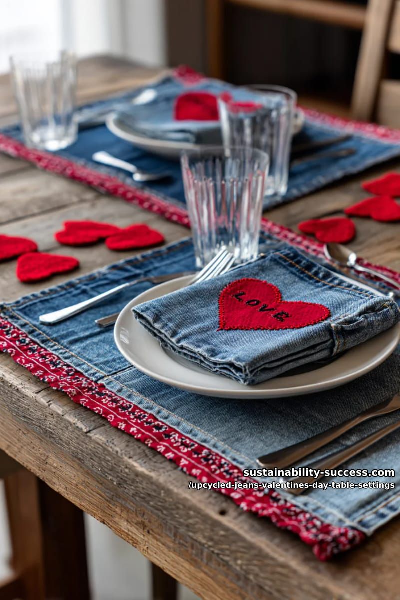 15 Trendy Upcycled Jeans Valentine Table Settings for a Romantic Vibe 24 blue jean placemats with red bandana trim and stitched love quotes 1