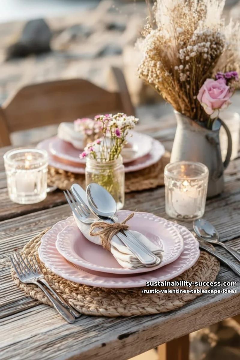 blush pink vintage plates with twine-wrapped silverware bundles 1
